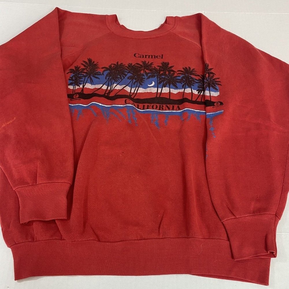 Vtg 84 Carmel California Palm Tree Red Crew Neck Pullover Sz L